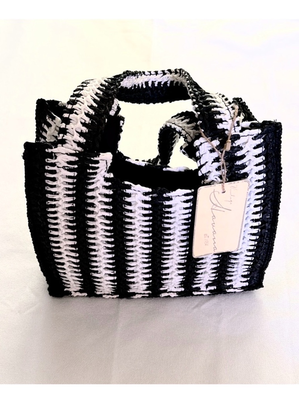 Vintage Havana Brand Inspire Crochet Striped Black & White MINI Tote 9”x 8” NEW